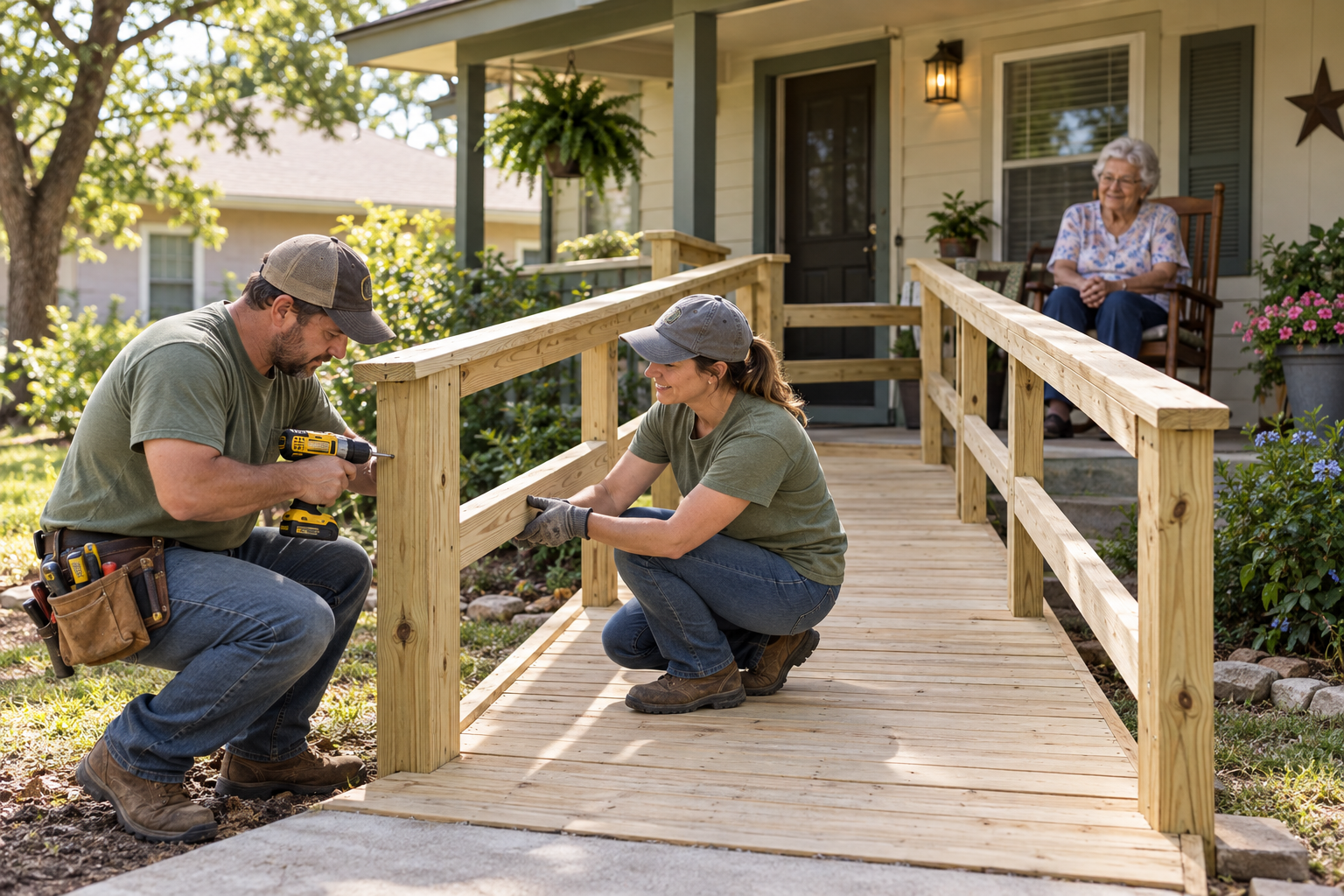 Illustrative volunteers installing a safer home entrance