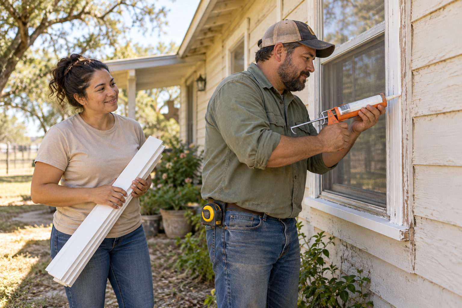 Illustrative volunteers weatherproofing a home window