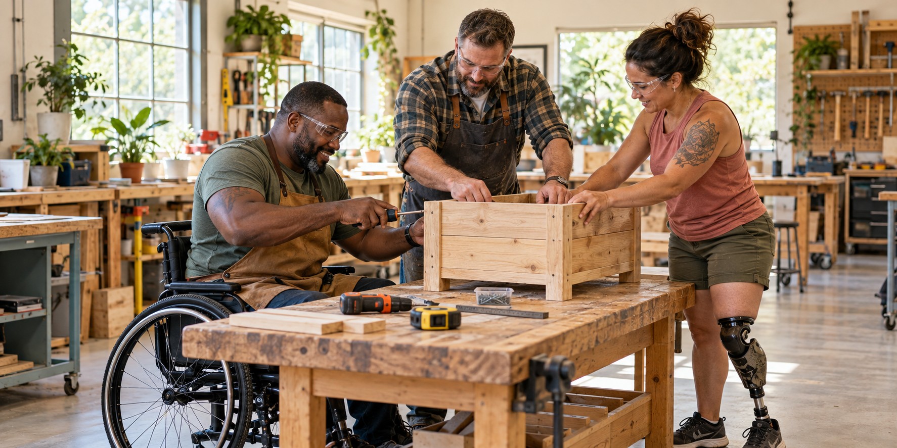 Illustrative wounded veterans, including a wheelchair user and a veteran with a prosthetic leg, collaborating on an accessible woodworking activity