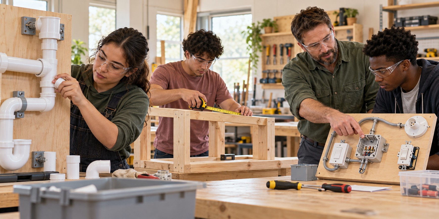 Illustrative learners practicing plumbing, carpentry, and electrical fundamentals with an instructor in a training workshop